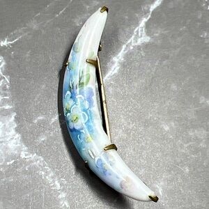Antique Victorian Hand Painted Porcelain Floral Crescent Moon Brooch